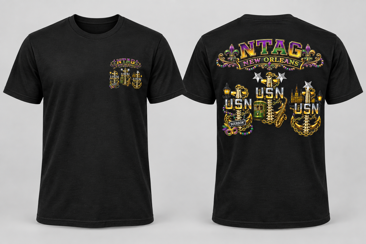 Celebrate NTAG New Orleans with a bold design combining Navy pride and classic New Orleans style